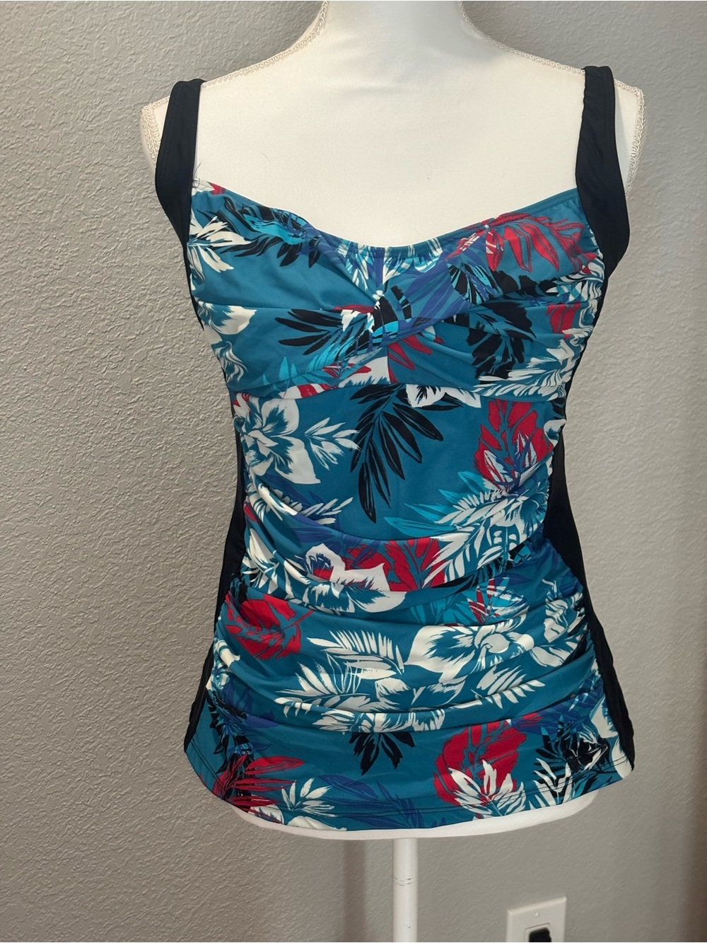 Hapari Teal Tropical Print Tankini Top with Black Straps